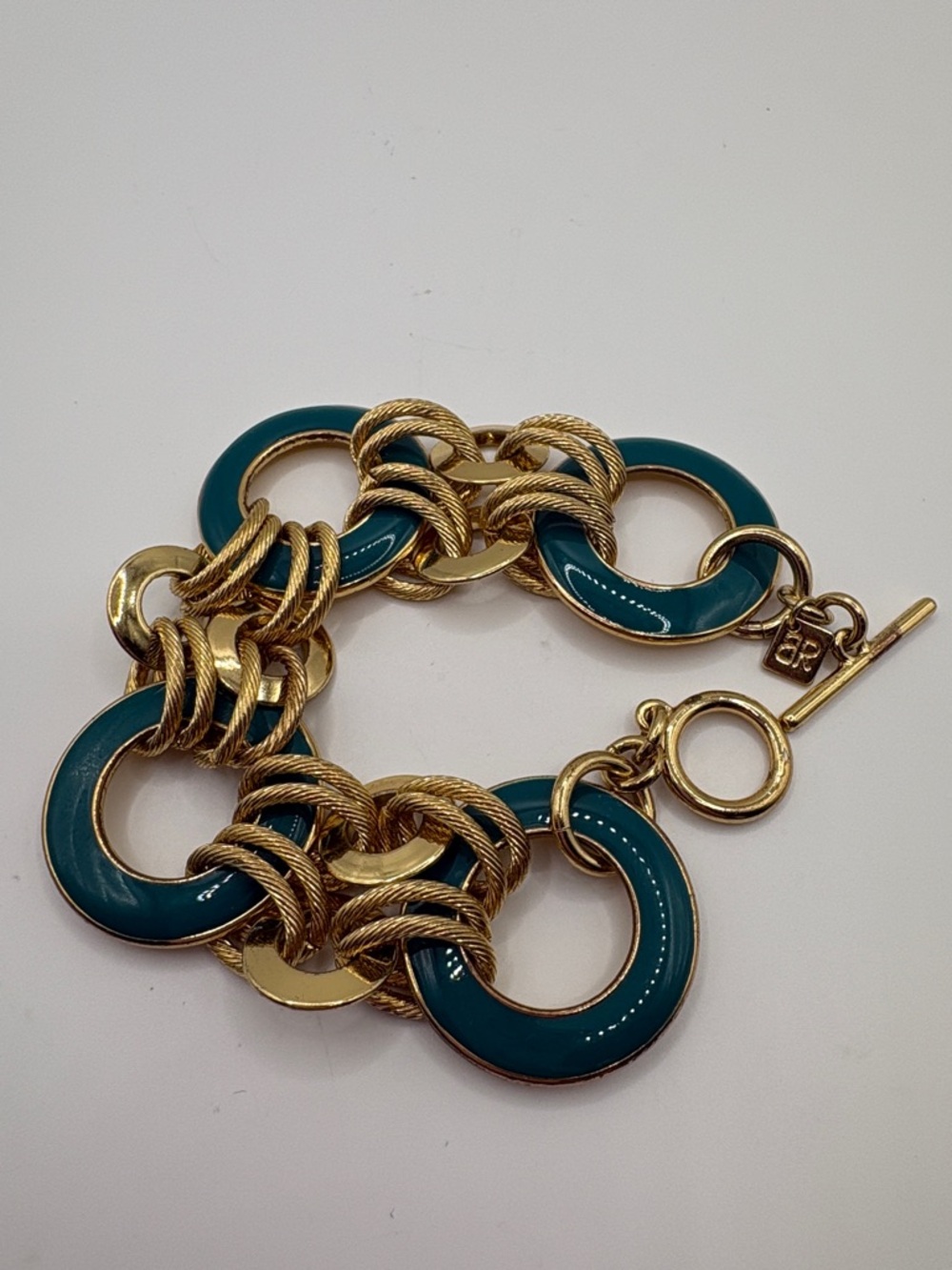 Banana Republic Teal Enamel & Gold Link Bracelet 7”